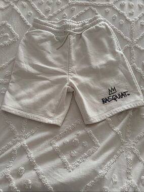 Cream Athletic Shorts with Basquiat Embroidery